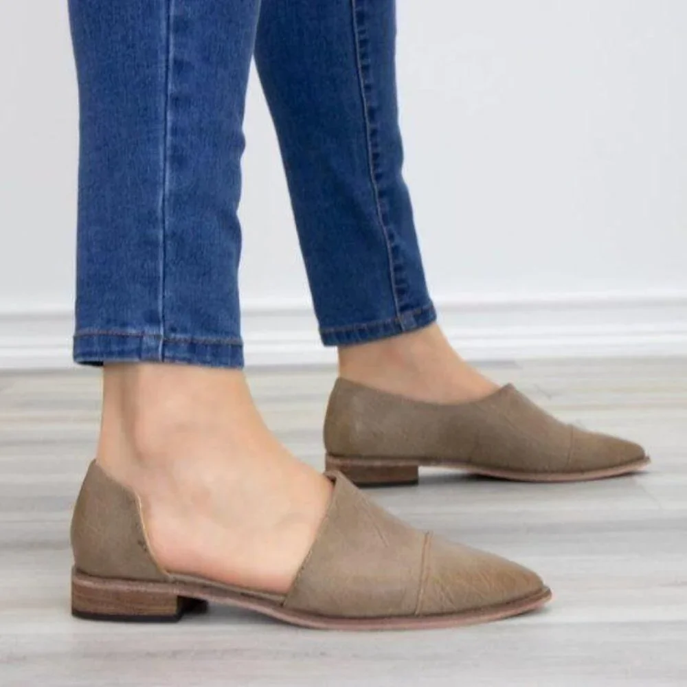 Tan Taupe Opened Side Pointy Slip On Flat Loafer - Picture 3 of 7